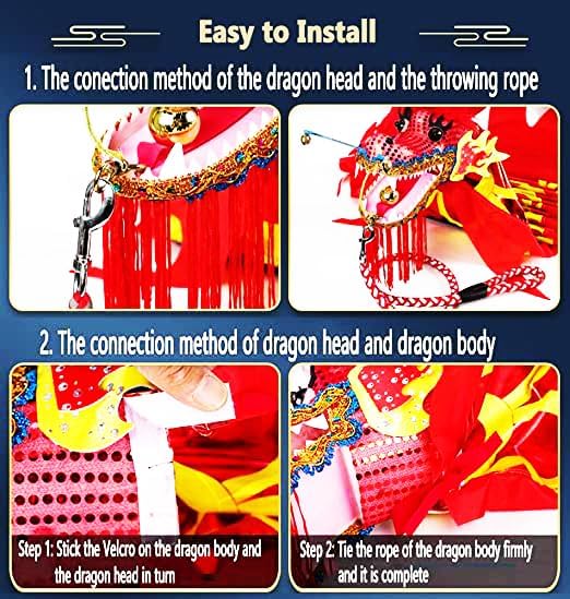 16.4 FT (5 Meters) Golden Red Dragon Poi with 3D Dragon Head & Swing Rope Combo for Beginners, Lightweight Flowy Dragon Ribbon Streamer Outdoor Fitness Stage Prop Set