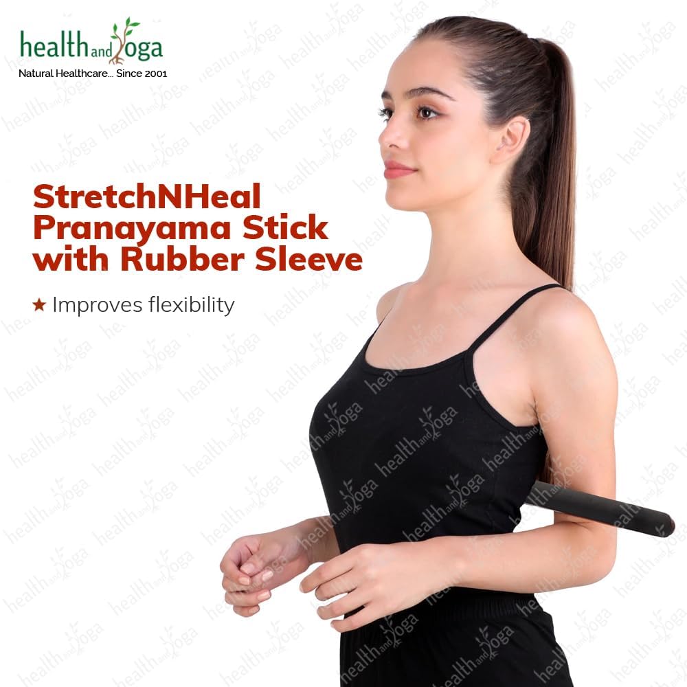 HealthAndYoga™ StretchNHeal Multipurpose Wooden Pranayama Stick with Padded Comfort Sleeve – Lung Opener for Fuller Breathing - Detachable Robust Yoga Pole (Regular - 26" with Sleeve)