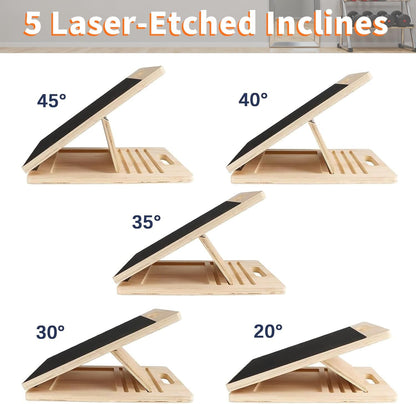 Adjustable 16.5"×12" Wooden Slant Board – 5-Angle Foldable Calf Stretcher & Squat Wedge for Home-Gym, Portable Incline Board, 350 lb Rated