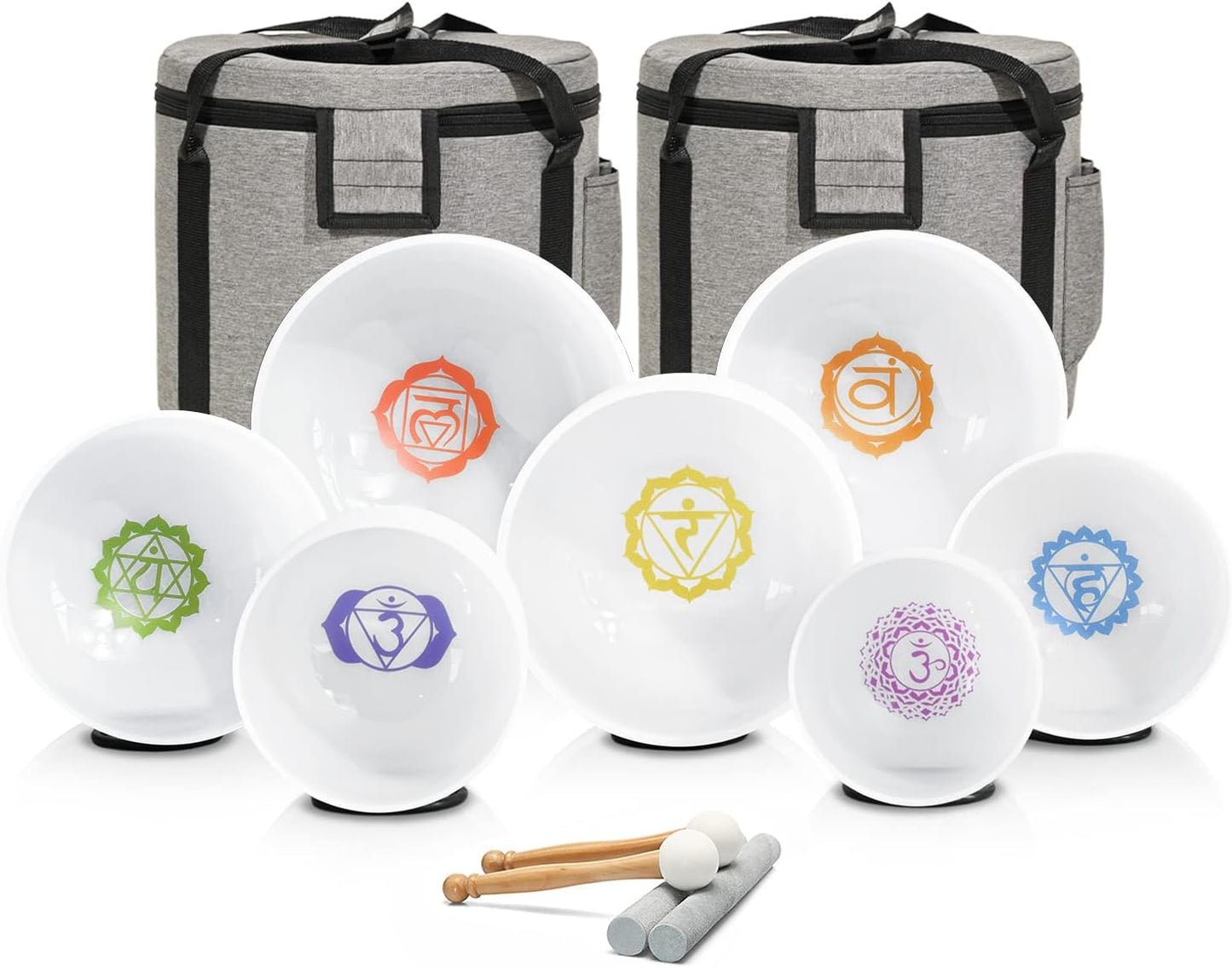 CVNC 432HZ 6-12 Inch Set Of 7 PCS Frosted Chakra Quartz Crystal Singing Bowls for Sound Healing with 2 PCS Travel Carry Case Bag