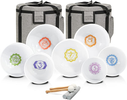 CVNC 432HZ 6-12 Inch Set Of 7 PCS Frosted Chakra Quartz Crystal Singing Bowls for Sound Healing with 2 PCS Travel Carry Case Bag