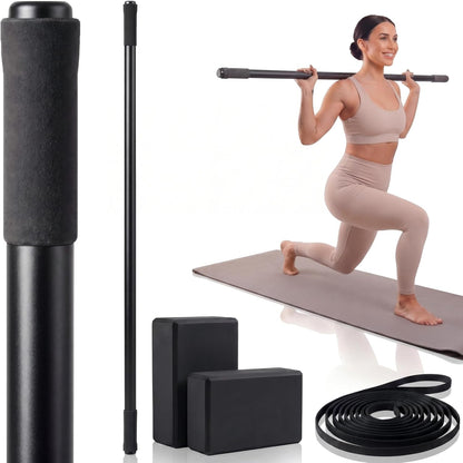 4 Pcs Adjustable Yoga Stick (30/45/60 In) with Exercise Strap Yoga Blocks Exercise Rod Workout Staff 60 Inch Sturdy Carbon Steel Stretching Stick with Non Slip Ends for Physical Pilates