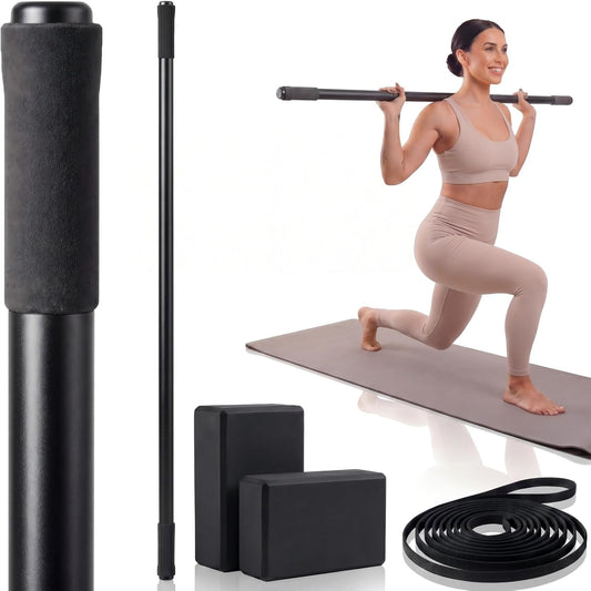 4 Pcs Adjustable Yoga Stick (30/45/60 In) with Exercise Strap Yoga Blocks Exercise Rod Workout Staff 60 Inch Sturdy Carbon Steel Stretching Stick with Non Slip Ends for Physical Pilates