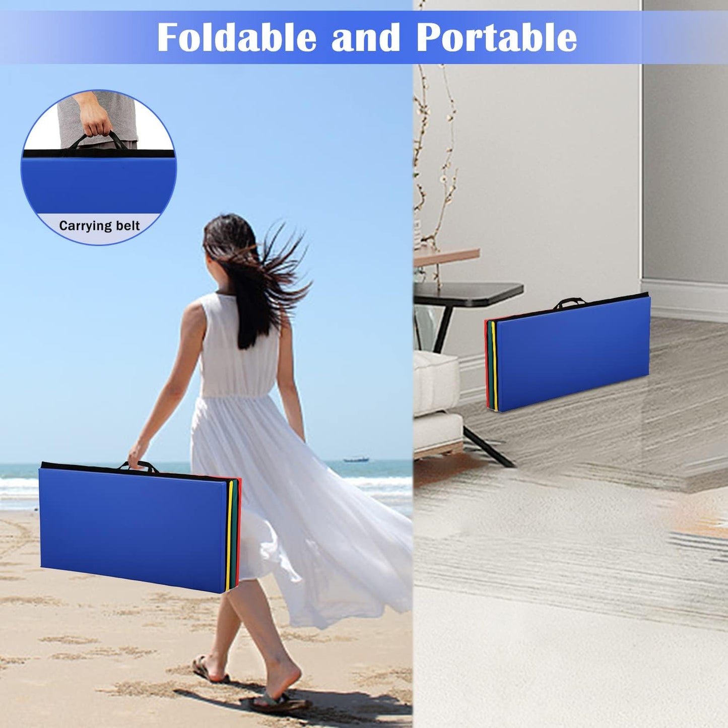 Gymnastics Mat for Tumbling, Folding Tumbling Mat Exercise Mat Gym Mat Tumbling Mats for Kids, Adults, PU Leather Yoga Mat with Carrying Handles