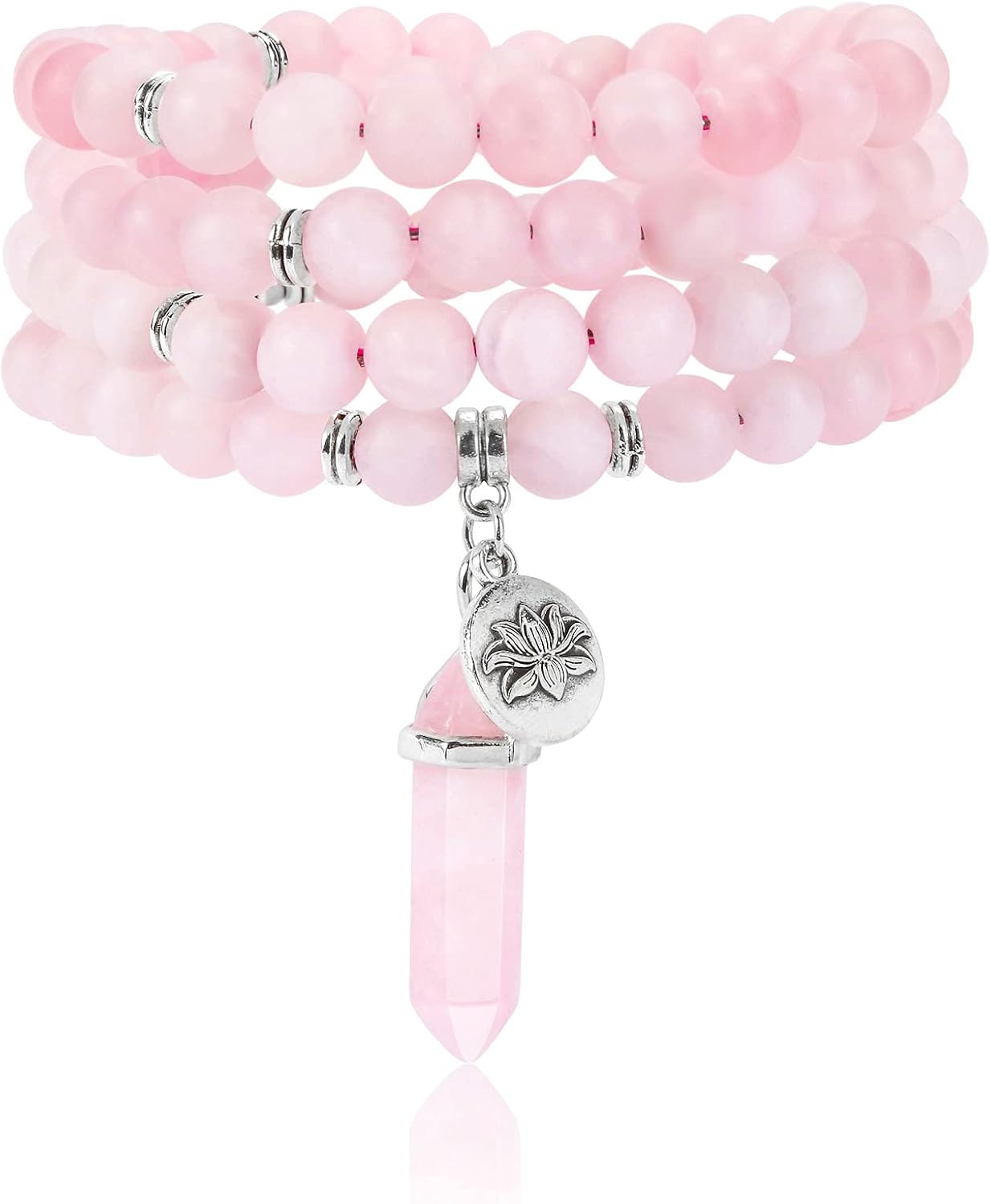 Jovivi 108 Mala Beads Bracelet 8mm Natural Amethyst Rose Quartz Healing Crystal Stone Mala Prayer Bead Necklace Hexagonal Prism Gemstone Reiki Pointed Pendant for Yoga Meditation Energy Balancing