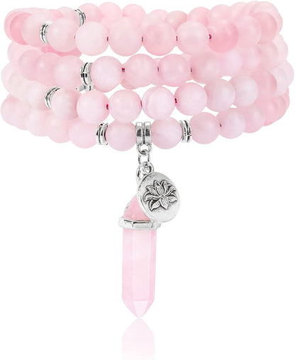 Jovivi 108 Mala Beads Bracelet 8mm Natural Amethyst Rose Quartz Healing Crystal Stone Mala Prayer Bead Necklace Hexagonal Prism Gemstone Reiki Pointed Pendant for Yoga Meditation Energy Balancing