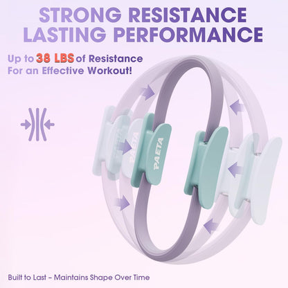 PAETA Pilates Ring Set – 14” Magic Circle (38 lbs Resistance), 9.8” Pilates Ball, 5 Resistance Bands, and Exercise Guide Included for Home Workouts