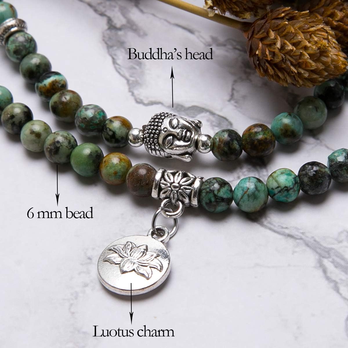 Bivei 108 Mala Beads Necklace Long Beaded Wrap Bracelets Genuine Gemstone Mala Prayer Beads Lotus Buddha Charm Yoga Meditation Necklace