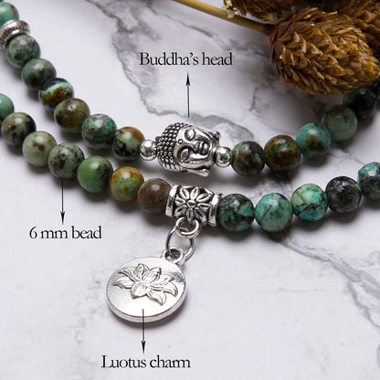 Bivei 108 Mala Beads Necklace Long Beaded Wrap Bracelets Genuine Gemstone Mala Prayer Beads Lotus Buddha Charm Yoga Meditation Necklace