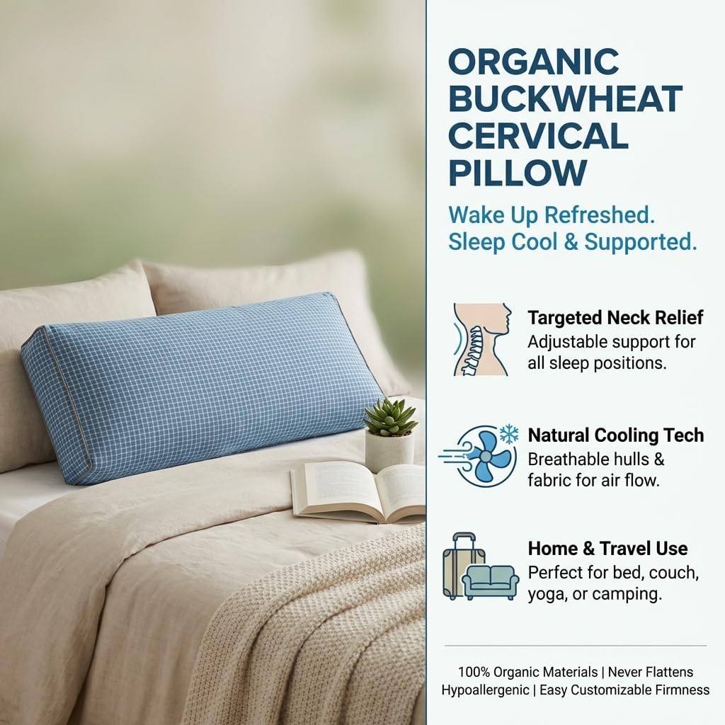 Adjustable Buckwheat Hull Pillow for Neck Pain Relief (21x8x4in) Natural Cooling Cervical Support Organic Pillow for Side & Back Sleepers with Night Sweats (Grey)