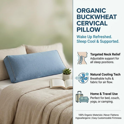 Adjustable Buckwheat Hull Pillow for Neck Pain Relief (21x8x4in) Natural Cooling Cervical Support Organic Pillow for Side & Back Sleepers with Night Sweats (Grey)