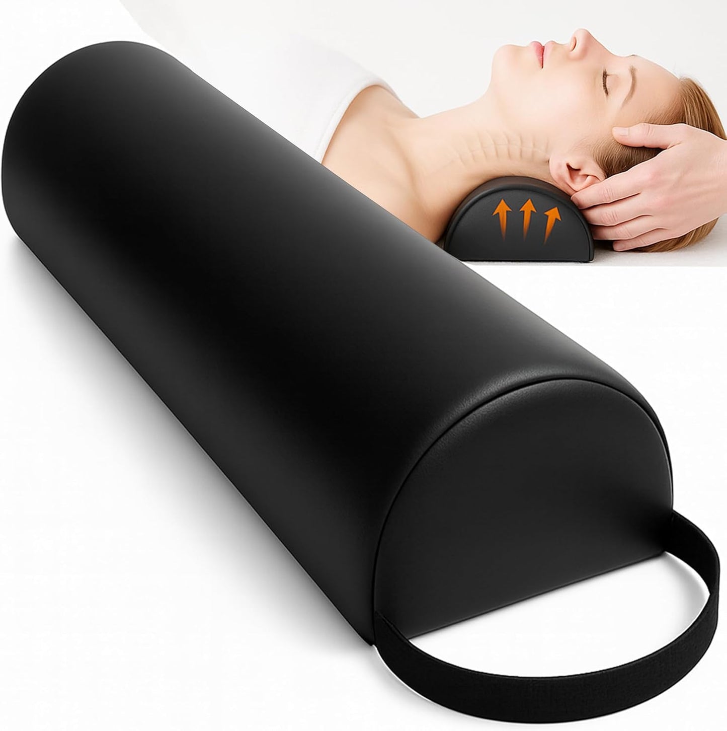 Half-Round Bolster Pillow for Massage and Yoga, High-Density Support Cushion for Neck, Knees, Back & Ankles, Black, 17.8''L x 8''W x 4.7''H