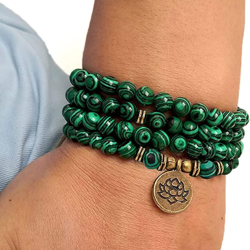 Mala Bead Strand Bracelet, 108 Buddhist Prayer Beads Yoga Meditation Green Malachite Beads Necklace Women man
