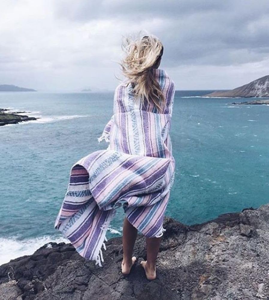 Del Mex Classic Mexican Blanket, Large Authentic Woven Falsa Throw (70"x50"), Artisan Southwest Décor for Beach, Yoga, Outdoors (Lavender)