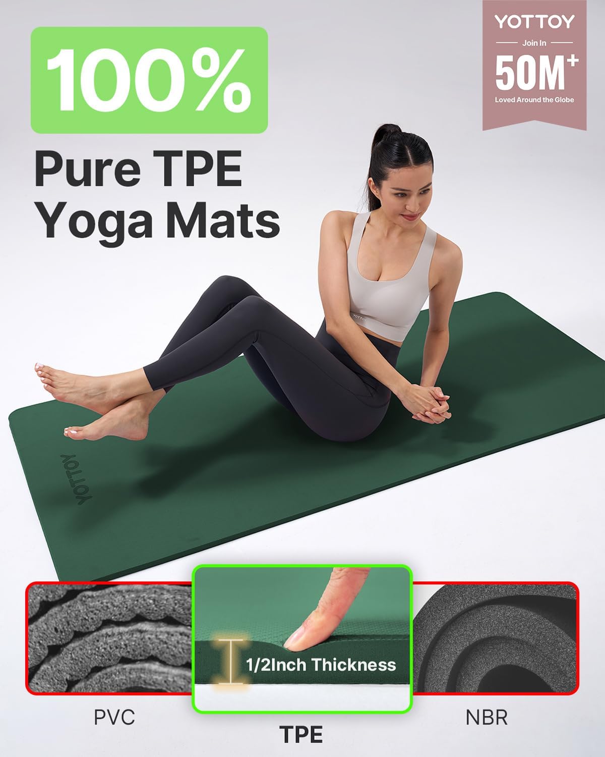 YOTTOY Yoga Mat，Extra Thick Yoga Mat (1/2inch),Professional TPE Exercise Mat,Non-Slip Workout Mat for Yoga, Pilates, Fitness, Barefoot Workouts, Home Gym Studio with Strap