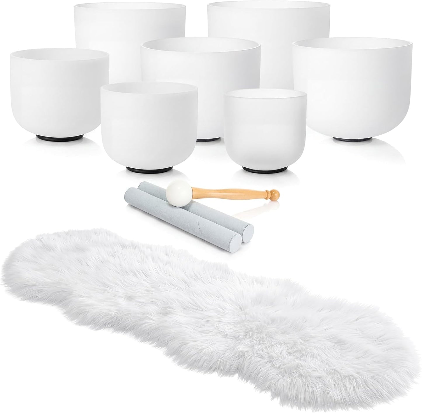 Batiyeer 7 Pcs 7-12 Inch Crystal Singing Bowl Set with 1 Pcs White Faux Sheepskin Rug for Chakra Healing, Meditation, Yoga, Sound Therapy, Mindfulness, Relaxation