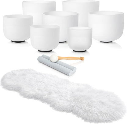 Batiyeer 7 Pcs 7-12 Inch Crystal Singing Bowl Set with 1 Pcs White Faux Sheepskin Rug for Chakra Healing, Meditation, Yoga, Sound Therapy, Mindfulness, Relaxation