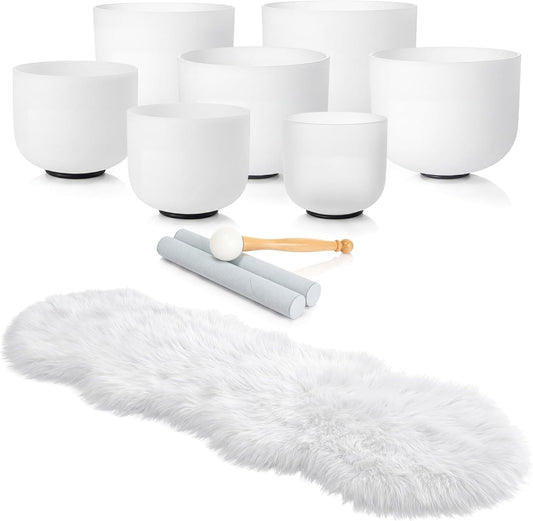 Batiyeer 7 Pcs 7-12 Inch Crystal Singing Bowl Set with 1 Pcs White Faux Sheepskin Rug for Chakra Healing, Meditation, Yoga, Sound Therapy, Mindfulness, Relaxation