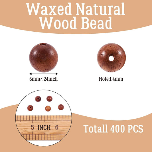 Pandahall 400pcs/box 6mm Natural Round Wood Beads Gorgeous Rosewood Waxed Wooden Beads Loose Spacer with Hole for Mala Buddha Rosary Jewelry Bracelet Necklace Making Supplies Hole: 1.4mm