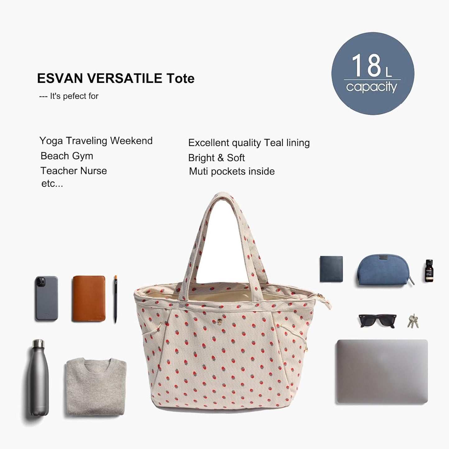 ESVAN Corduroy Yoga Tote Bag Gifts for Women Drawstring Yoga Mat Bag for Office Workout Travel Carryall Pilates Gym