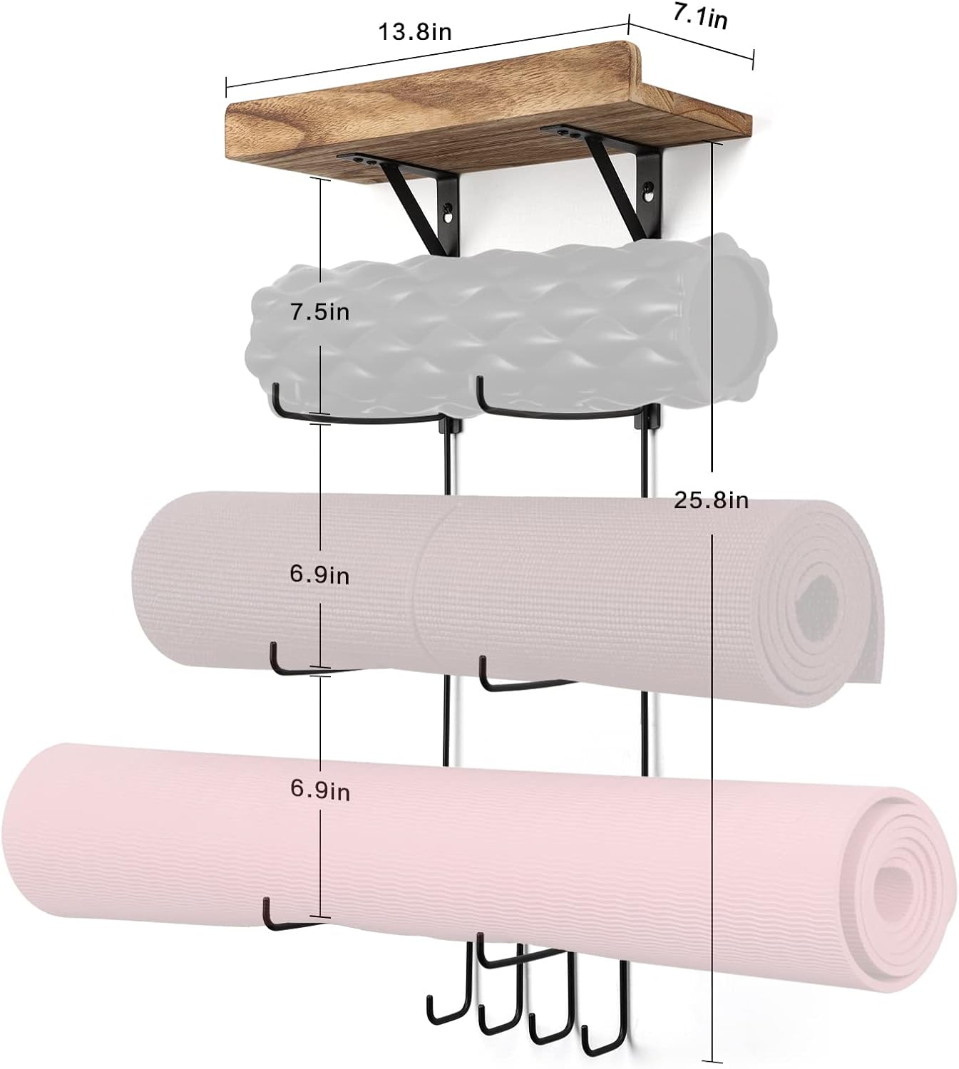 Bikoney Yoga Mat Holder Wall Mount Yoga Mat Storage Home Gym Accessories with Wood Floating Shelves and 4 Hooks for Hanging Foam Roller and Resistance Bands Fitness Home Gym Carbonized Black