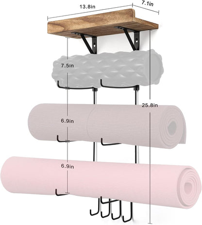 Bikoney Yoga Mat Holder Wall Mount Yoga Mat Storage Home Gym Accessories with Wood Floating Shelves and 4 Hooks for Hanging Foam Roller and Resistance Bands Fitness Home Gym Carbonized Black