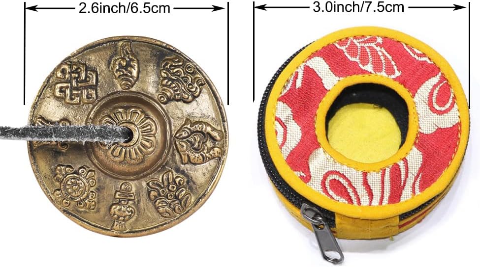 Heysland Tibetan Tingsha Cymbal Bell 2.6in/6.5cm Handcrafted Yoga Bell Meditation Chime Bells with Bag Eight Auspicious Symbols,HL03B