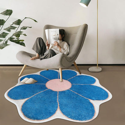 White Flower Shaped Rug, Cute Round Indoor Rug, 39.4" Diameter, High Pile Faux Wool, Non-Slip Backing