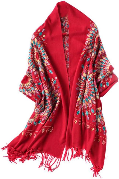 Urban CoCo Women's Embroidered Oversize Tassel Shawl Scarf Wraps for Women