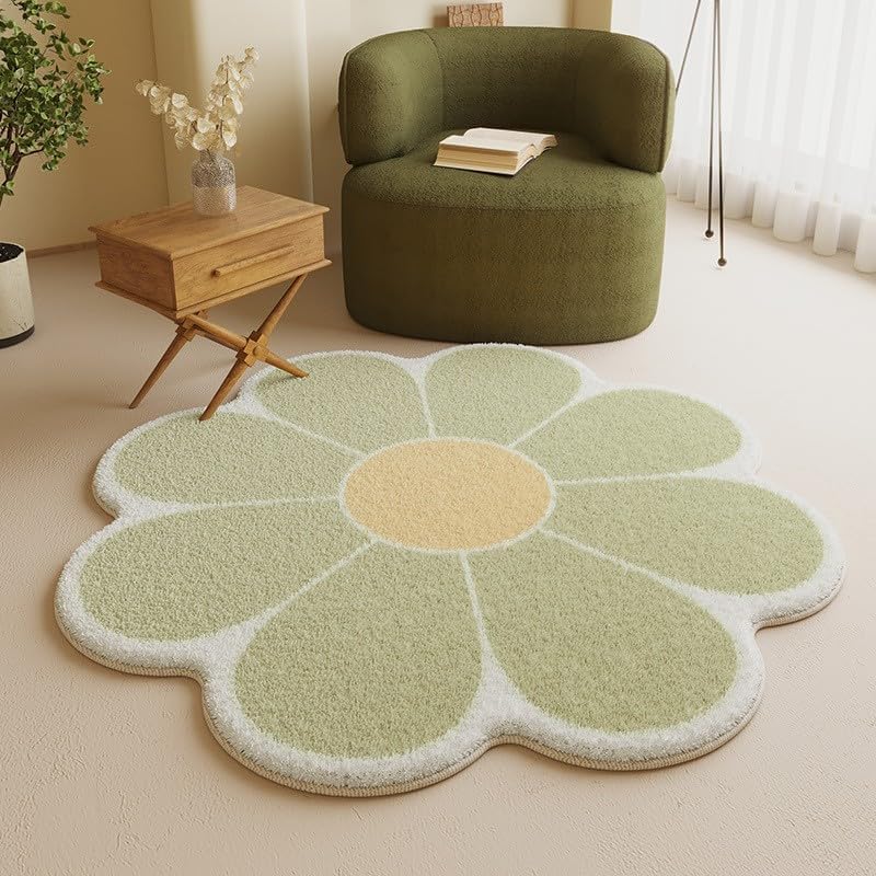 White Flower Shaped Rug, Cute Round Indoor Rug, 39.4" Diameter, High Pile Faux Wool, Non-Slip Backing
