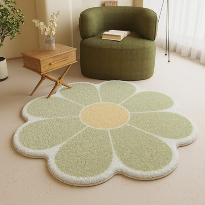 White Flower Shaped Rug, Cute Round Indoor Rug, 39.4" Diameter, High Pile Faux Wool, Non-Slip Backing