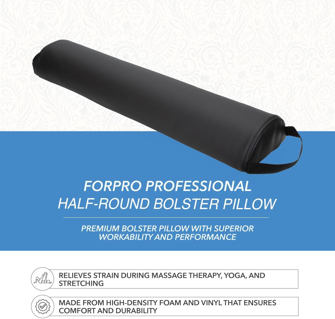 ForPro Premium Half-Round Bolster Pillow for Massage and Yoga, Oil and Stain-Resistant, 6”W x 3" H x 26”L, Black
