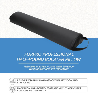 ForPro Premium Half-Round Bolster Pillow for Massage and Yoga, Oil and Stain-Resistant, 6”W x 3" H x 26”L, Black