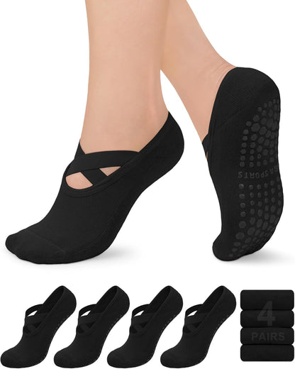 yeuG Pilates Socks for Women Non Slip Grip Socks for Yoga, Barre, Hospital, Barefoot Grippy Yoga Sock Womens Gifts 4 Pairs