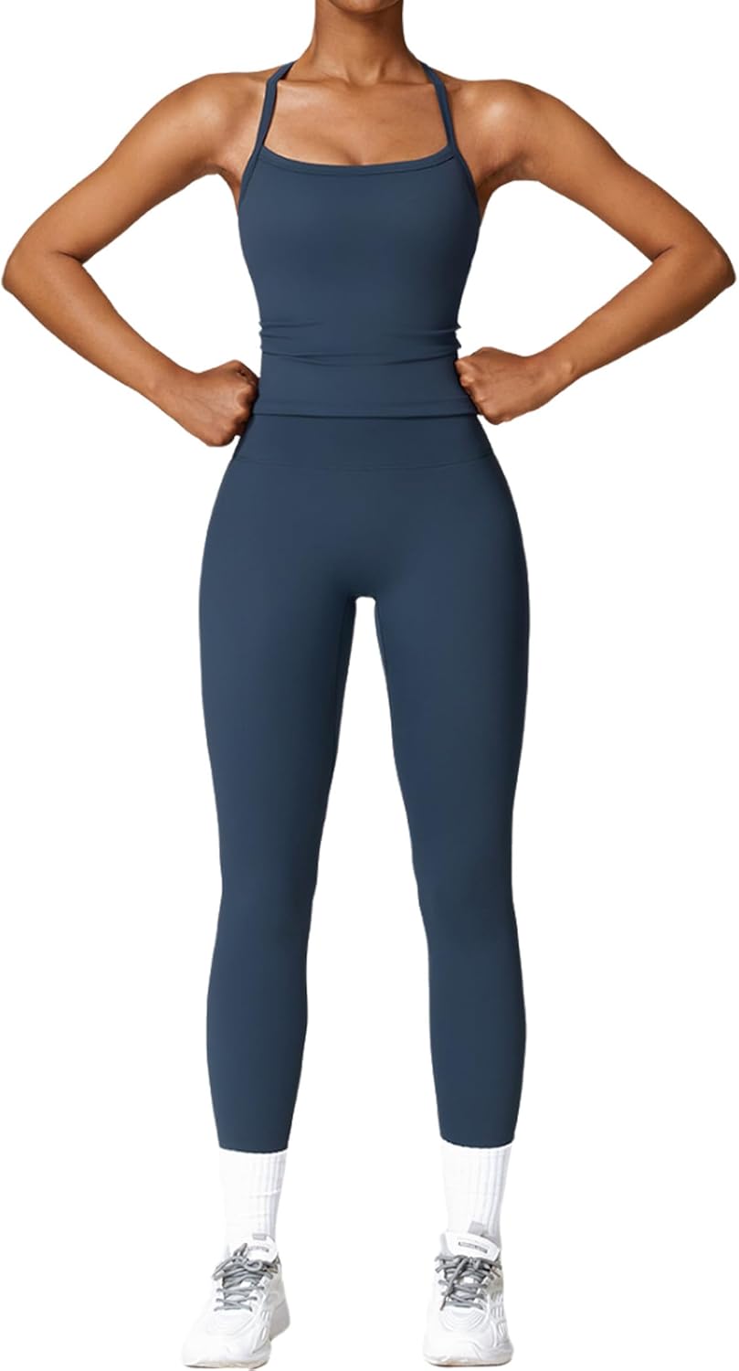 Women 2 Piece Workout Sets Padded Criss Cross Back Crop Tank High Waist Tummy Control Active Leggings Sets Yoga Outfit