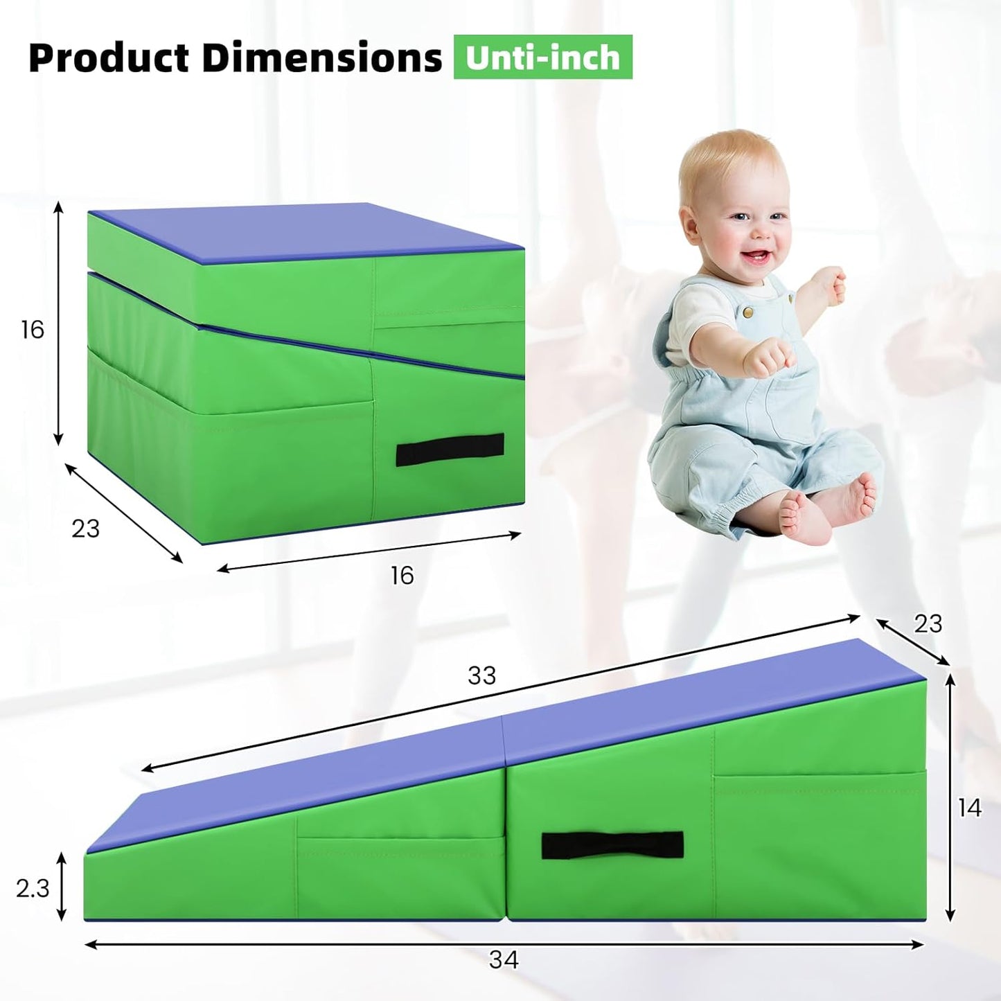 Gymnastics Mat Incline Tumbling Mats—Indoor/Outdoor Folding Cheese Wedge Mat with Non-Slip Surface & Handles for Kids Girls Home Training Exercise