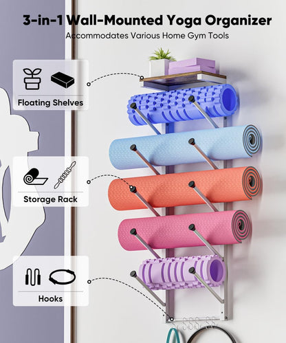 5 Tiers Yoga Mat Holder Rack Wall Mount with 6 Hooks for Hanging Accessory Yoga Strap Foam Rollers Resistance Bands, Yoga Mats Organizer with Floating Shelf for Home Gym Storage Fitness