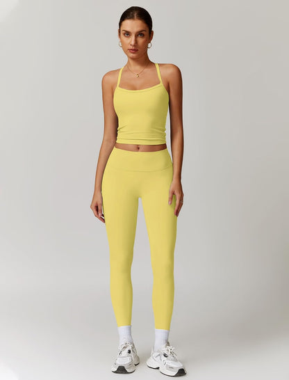 Women 2 Piece Workout Sets Padded Criss Cross Back Crop Tank High Waist Tummy Control Active Leggings Sets Yoga Outfit