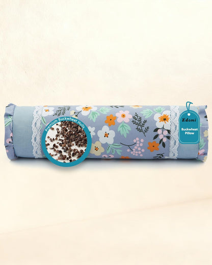Buckwheat Hull Neck Roll Pillow -15.7" x4.7” Adjustable Firmness Cervical Support for Sleep & Yoga, Cooling Floral Cotton Cover, Ergonomic Bolster Pillow, Blue