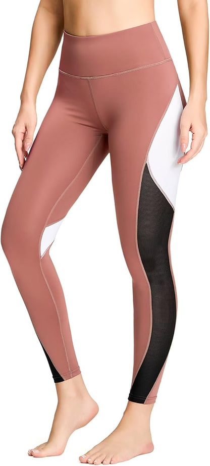 QUEENIEKE Women Yoga Pants Color Blocking Mesh Workout Running Leggings Tights