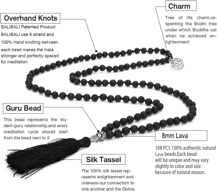 108 Mala Beads Necklace Semi-Precious Gem Stones Meditation Necklace 108 Hand Knotted Japa Mala Beaded Tassel Necklace with Tree of Life Pendant