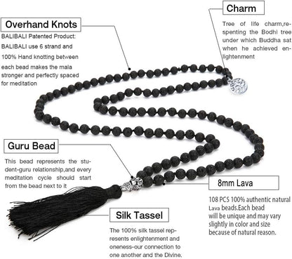 108 Mala Beads Necklace Semi-Precious Gem Stones Meditation Necklace 108 Hand Knotted Japa Mala Beaded Tassel Necklace with Tree of Life Pendant
