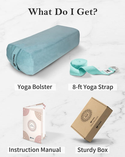 Tumaz Yoga Bolster Set - Rectangular Bolster Pillow for Restorative Yoga, Soft Meditation Pillow with Carry Handle and 8-Feet Strap, Machine Washable Cover