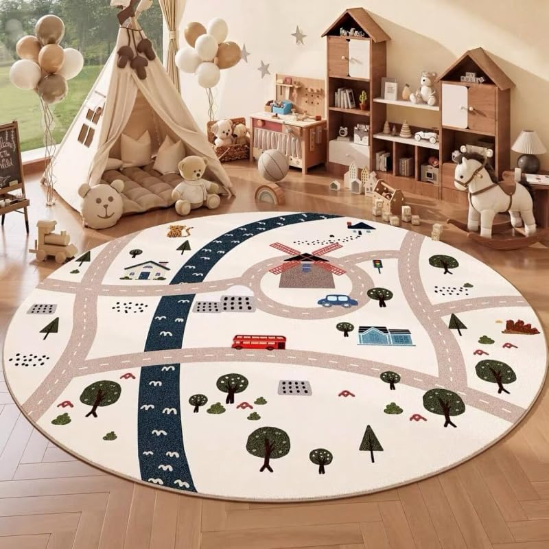 Poowe Cute Animals Kids Room Rug,39.4" Round Washable Area Rugs Rabbit Rug Nursery Rug for Baby Boys Girls Play Mat Floor Carpet Non Slip Soft Rugs for Living Room Bedroom Playroom Classroom