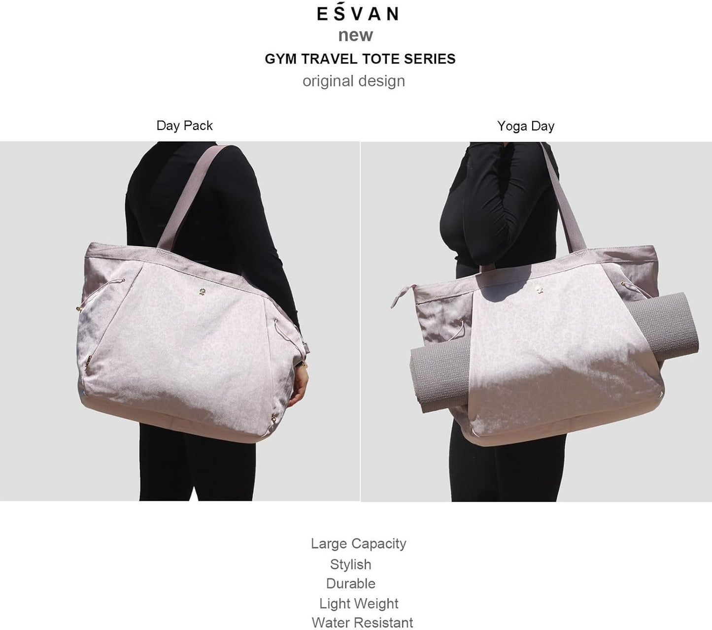 ESVAN Yoga Tote Bag for Women Shoulder Bags Drawstring for Office Workout Travel Carryall Pilates Gym and Beach
