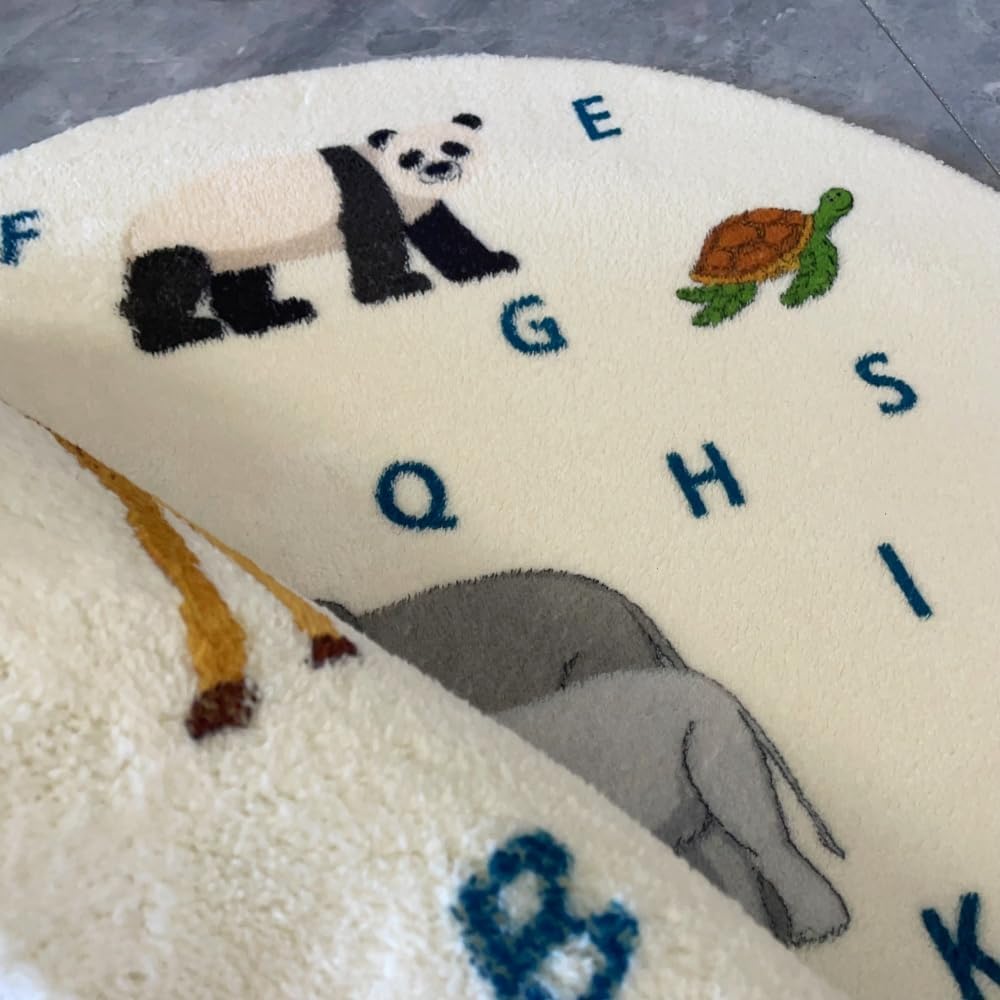 Poowe Cute Animals Kids Room Rug,39.4" Round Washable Area Rugs Rabbit Rug Nursery Rug for Baby Boys Girls Play Mat Floor Carpet Non Slip Soft Rugs for Living Room Bedroom Playroom Classroom