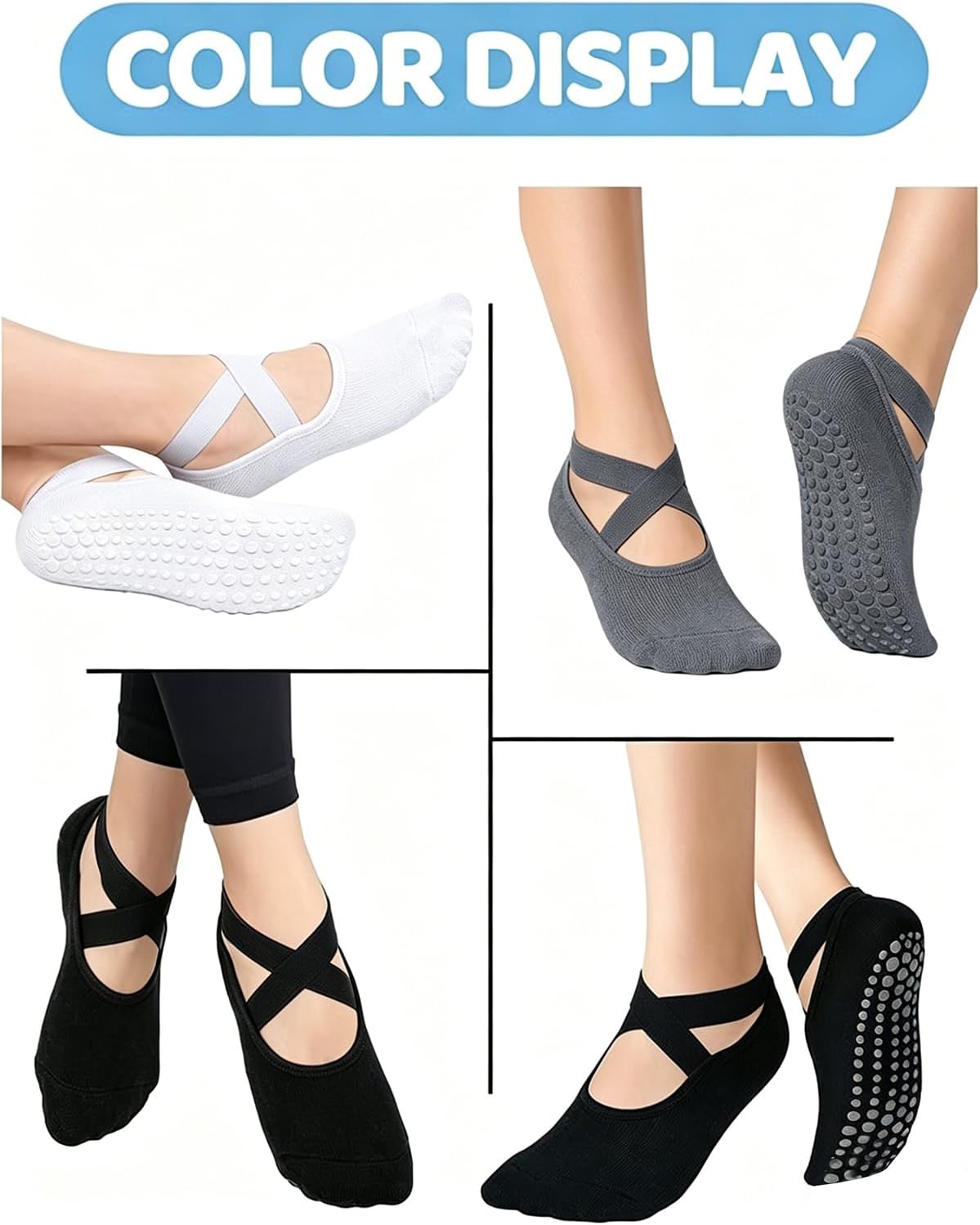 AURUZA Pilates Grip Socks for Women Non Slip Skid Yoga Socks with Grips Straps for Ballet Dance Workout Gripper Sock