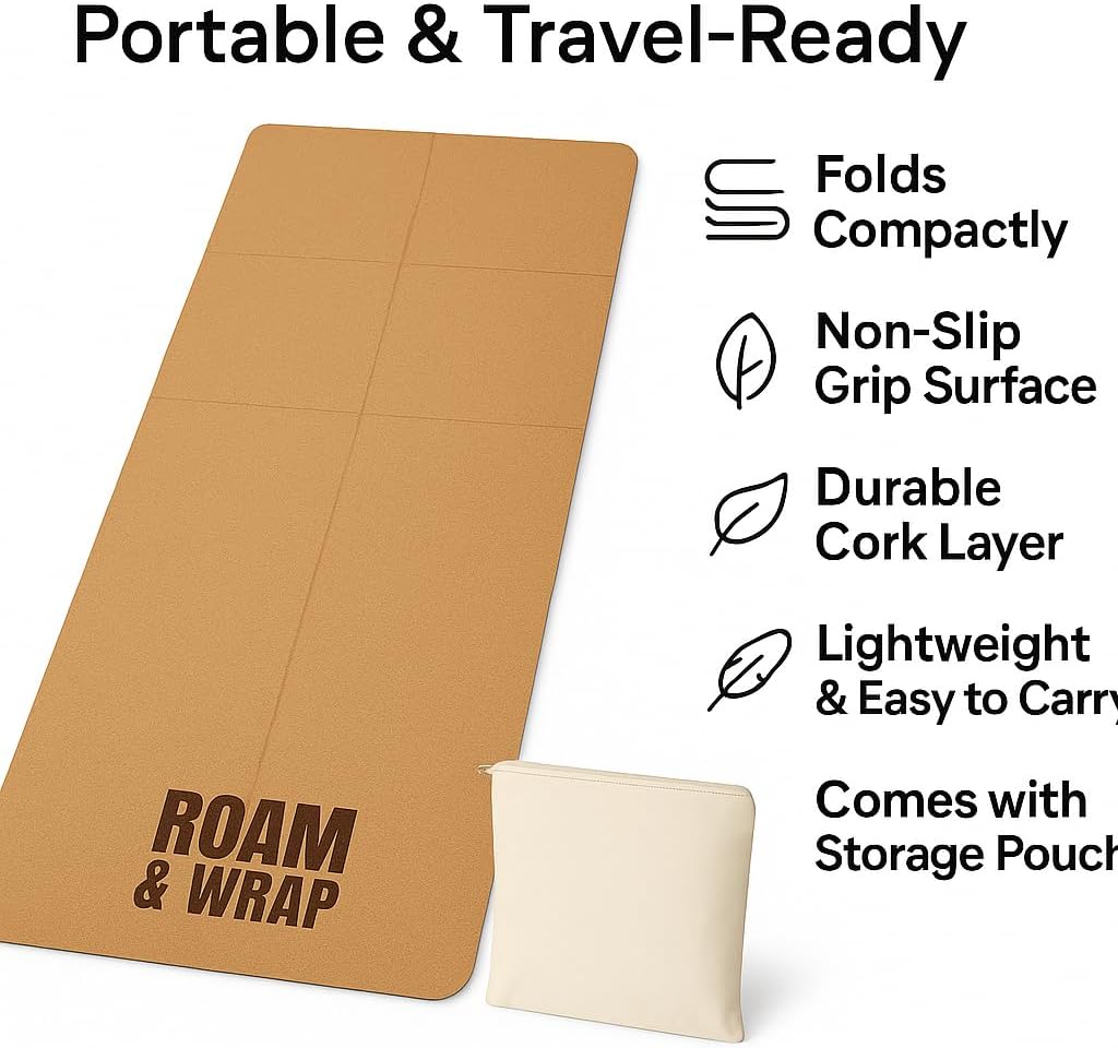 Roam & Wrap TRUE FOLDING Cork Yoga Mat 5mm Thick - Not Rolled, Fits in Backpack & Carry-On - Non-Slip Portable Mat for Travel, Pilates & Gym