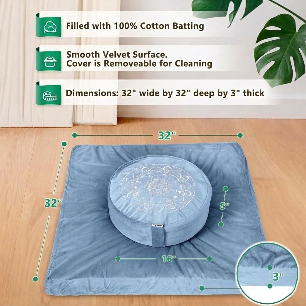 Hihealer Meditation Cushion, Traditional Tibetan Meditation Pillow Velvet Cover - Large Floor Cushion Seating for Adults - Yoga Buckwheat Bolster for Women、Moms