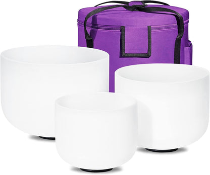 440HZ Sound Healing 8''-12'' Set of 3 Crystal Singing Bowls, Frosted Chakra Quartz Crystal Sound Bowl 8'' A Third-Eye, 10'' F Heart, 12'' C Root With Carry Bags and Mallet